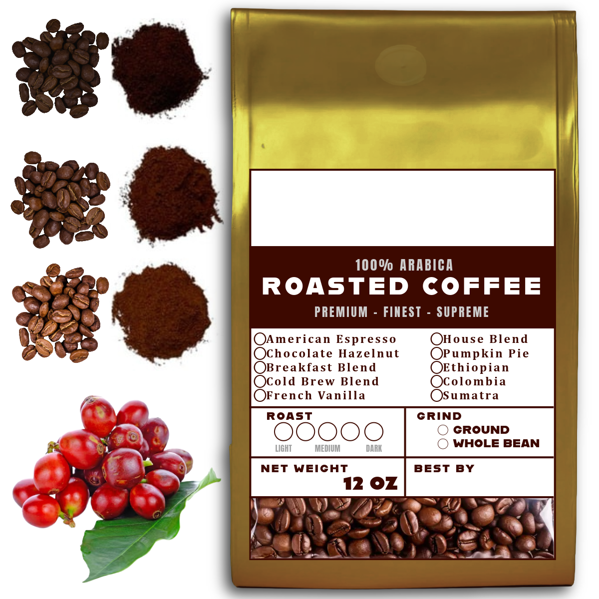 12 OZ Coffee Flavored & Nonflavored Organic Supreme Finest Premium American Espresso Breakfast Cold Brew House Vanilla Chocolate Hazelnut Pumpkin French Vanilla Ethiopia Colombia Sumatra Brazil more